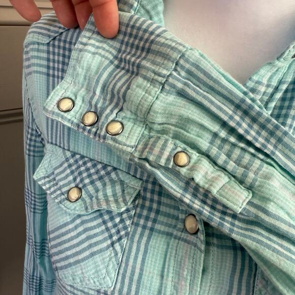 American Eagle Pearl Snap Plaid Shirt Navy Aqua Long Sleeve Size 2 Y2K Grunge - Picture 4 of 8